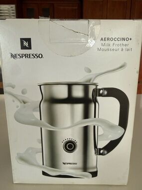 Nespresso Aeroccino+ Silver Milk Frother with Black Handle